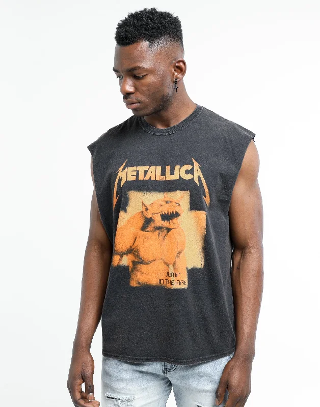 METALLICA Jump In The Fire Muscle Tee Washed Black Mesh Canvas Denim