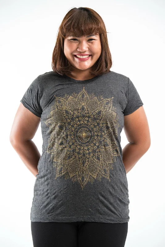 Plus Size Sure Design Women's Lotus Mandala T-Shirt Gold on Black Welt Pockets Slit Pockets Flap Pockets