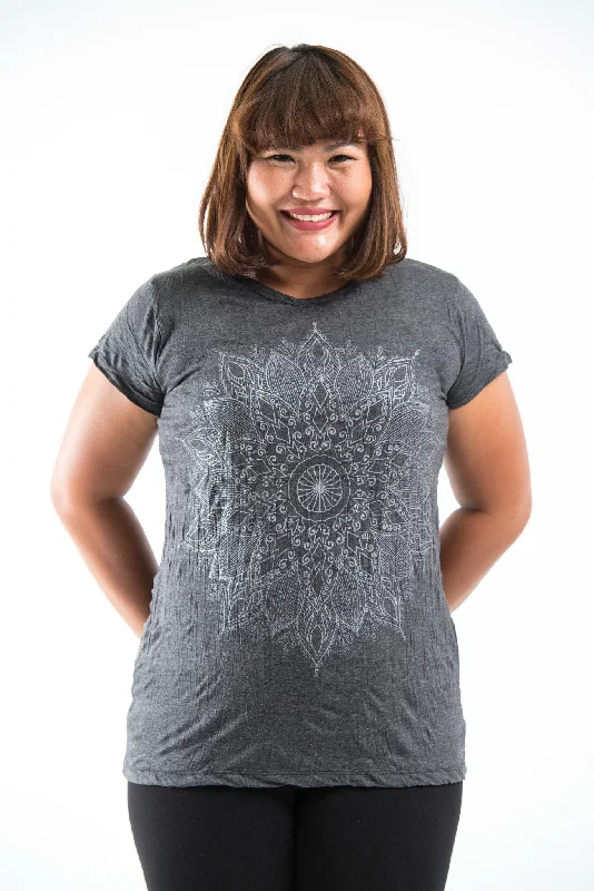 Plus Size Sure Design Women's Lotus Mandala T-Shirt Silver on Black Lace Blend Ribbed Blend Corduroy Blend