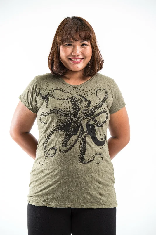 Plus Size Sure Design Women's Octopus T-Shirt Green Print Jacquard Patchwork