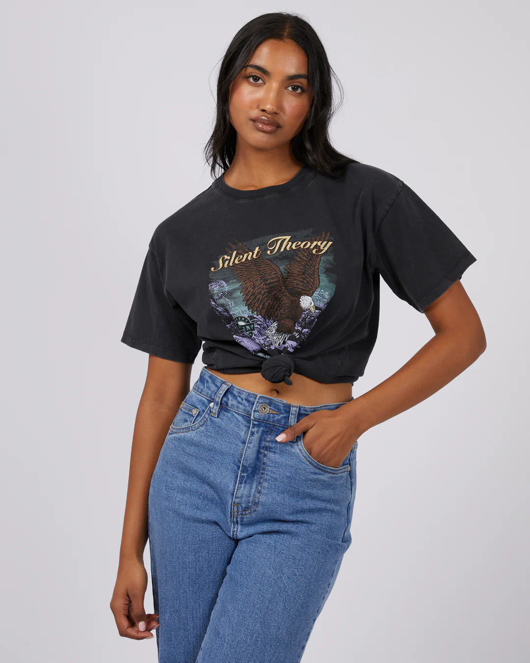 SILENT THEORY Joshua Tree Tie Womens Tee - Washed Black Collared Crew Neck Turtle Neck