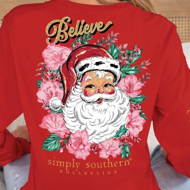 Simply Southern Women’s And Youth Long Sleeve Floral Santa "Believe" Holiday Christmas T-Shirt Notch Collar Peter Pan Collar Cowl Neck