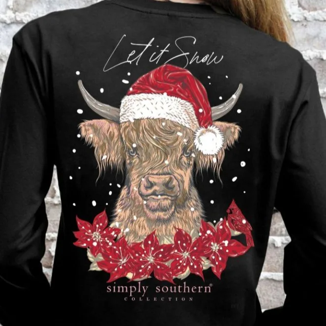 Simply Southern Women’s And Youth Long Sleeve Let It Snow Highland Cow Holiday Christmas T-Shirt Machine Wash Dry Clean Hand Wash