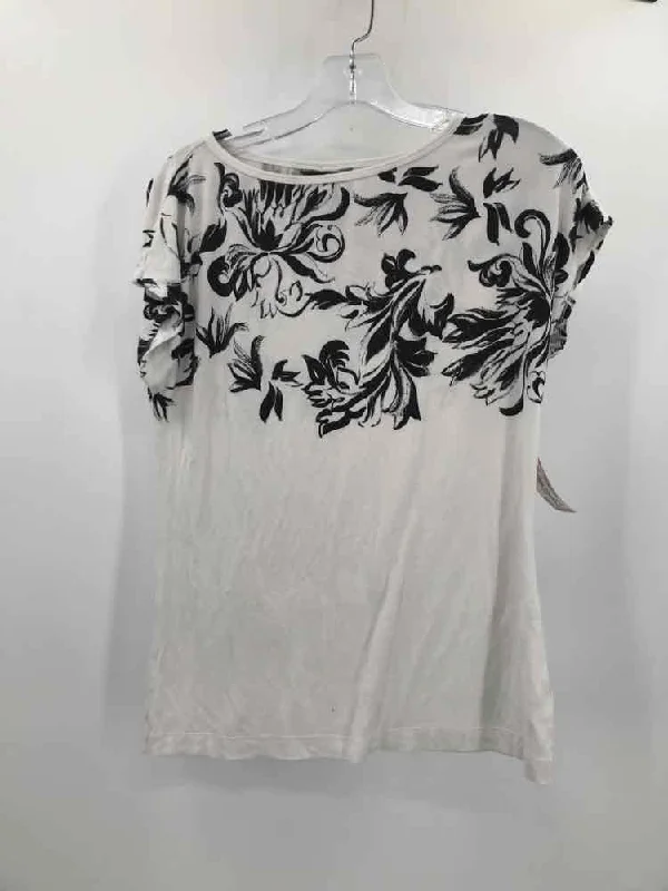 Pre-Owned St John White Size P Floral T-shirt Silk Blend Satin Velvet