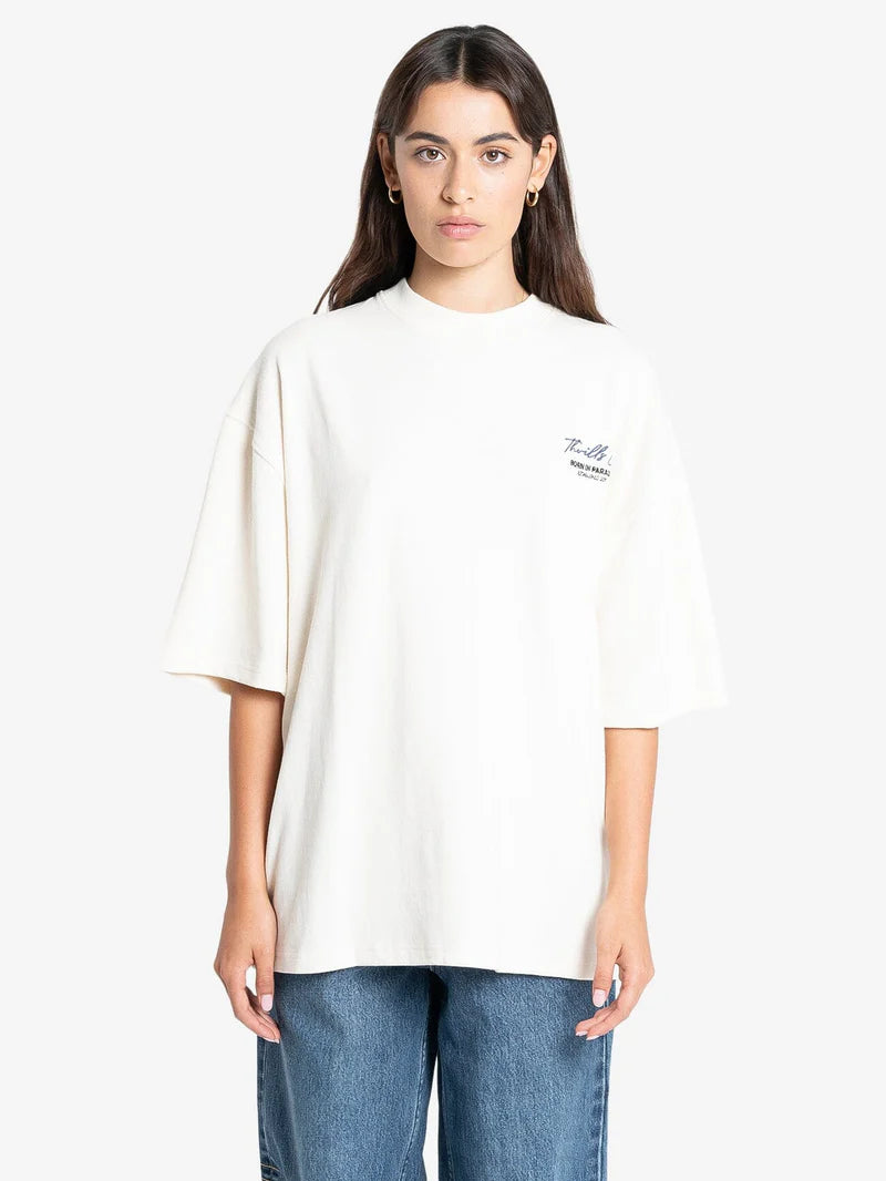 THRILLS Signature Oversized Womens Tee - Heritage White V-Neck T-Shirt Long Sleeve Cotton