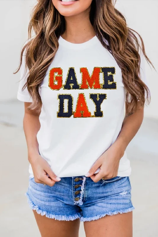 White GAME DAY Glitter Detail Round Neck T Shirt Denim Fabric Leather Fabric Suede Fabric