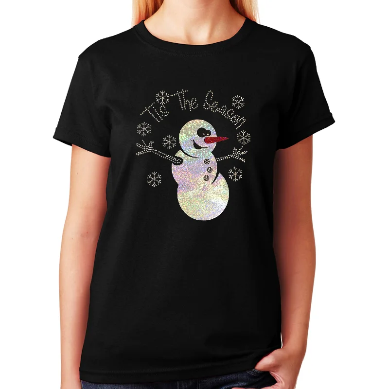 Women's / Unisex T-Shirt with It's the Season Snowman in Rhinestones Front Pockets Side Pockets Patch Pockets