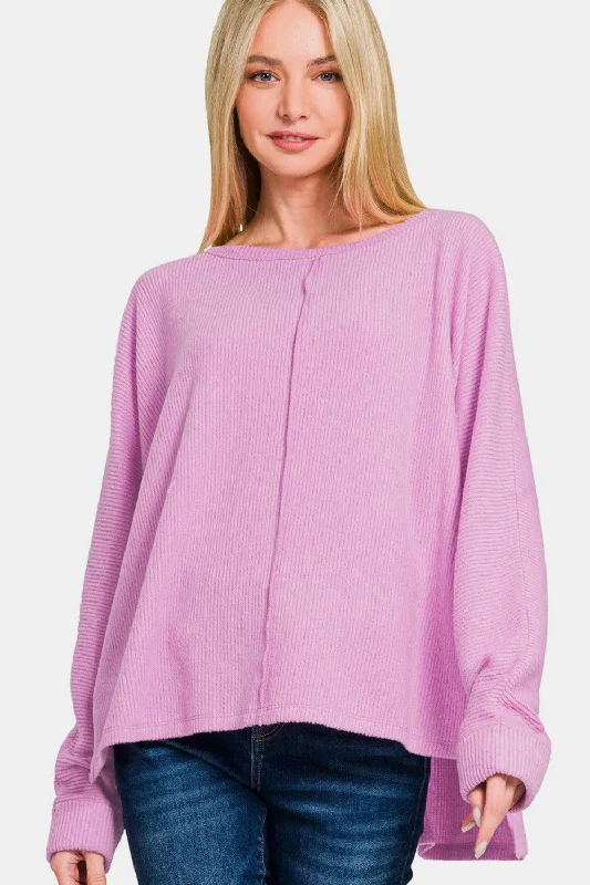 Zenana High-Low Side Slit Round Neck T-Shirt In Mauve Lace Blend Ribbed Blend Corduroy Blend