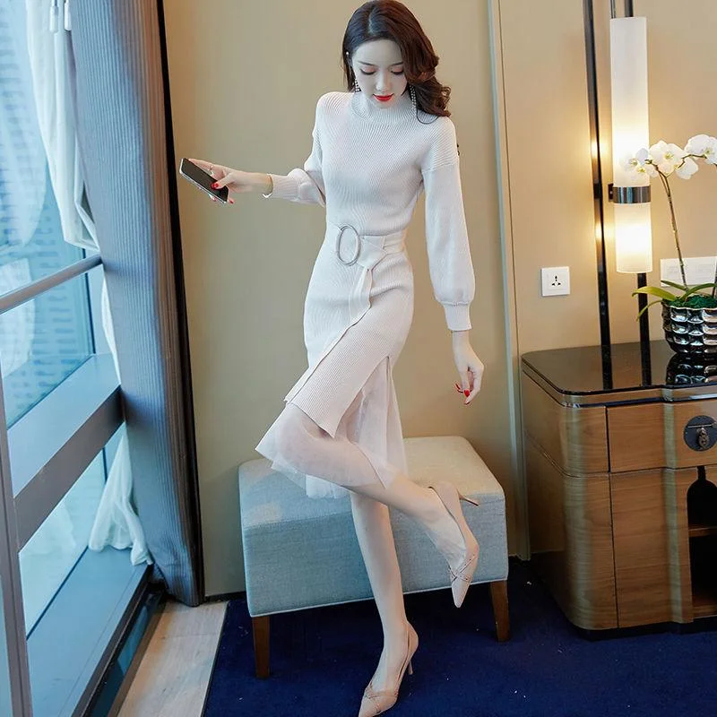 Autumn Winter Women's Long Sweater Dress Calf Length Slim Outer Wear Knit Dress with Belt Tunics Canvas sturdy