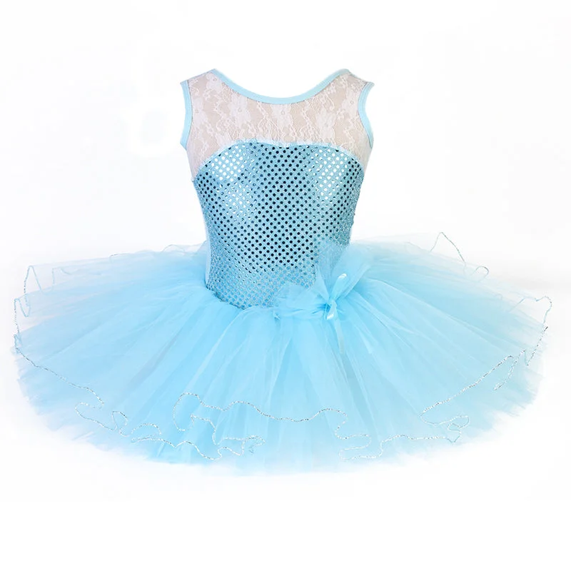 Baby Blue Sequins Lace Silver Trim Ballet Dress Floral Print girly