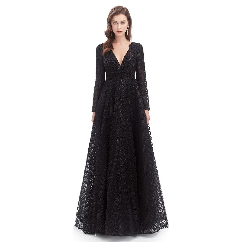 Black Maxi Lace Long Formal Evening Dress EN4607 sweetheart Neckline Romantic