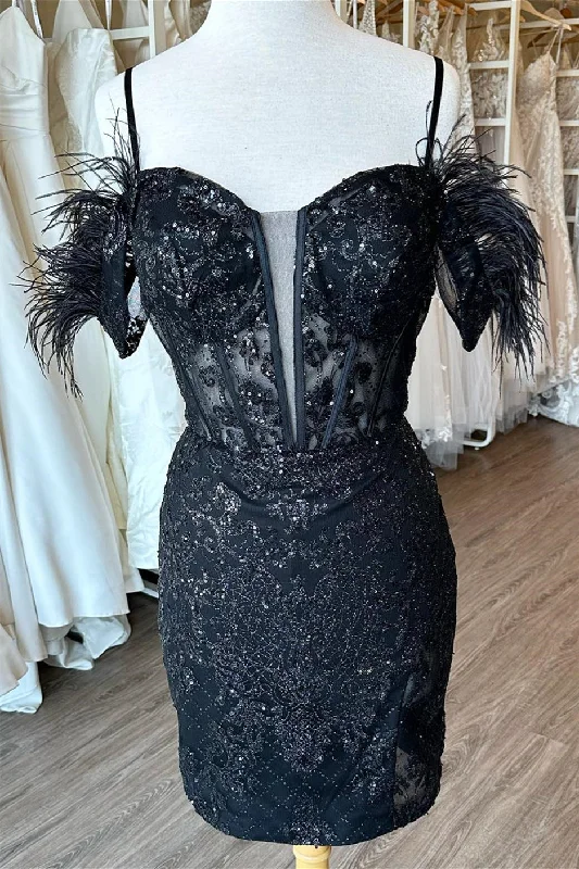 Black Off-the-Shoulder Sequined Embroidery Sheath Homecoming Dress with Feathers Tunics Top rated