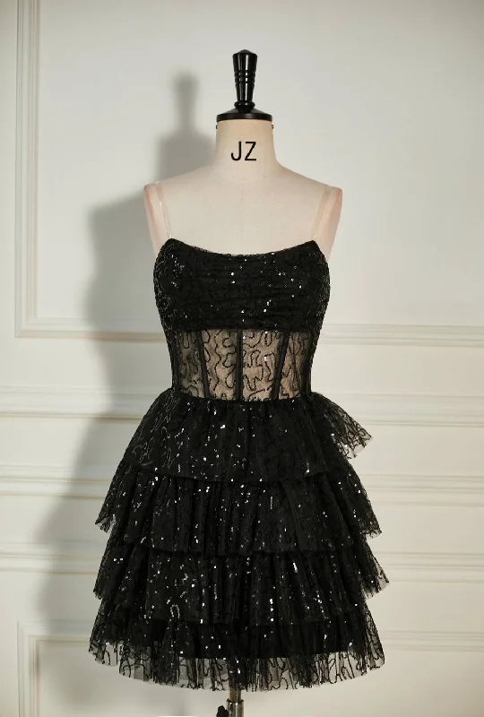 Black Sequined Strapless Multi-Layers Tulle Homecoming Dress Tunics Solid Classic