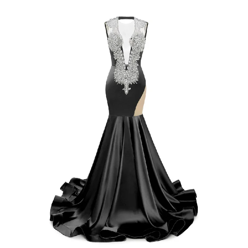 Black Sexy Maxi Fit and Flare Formal Prom Dress with Plunging Neckline and Open Back EN5805 Tunics Chinos classic