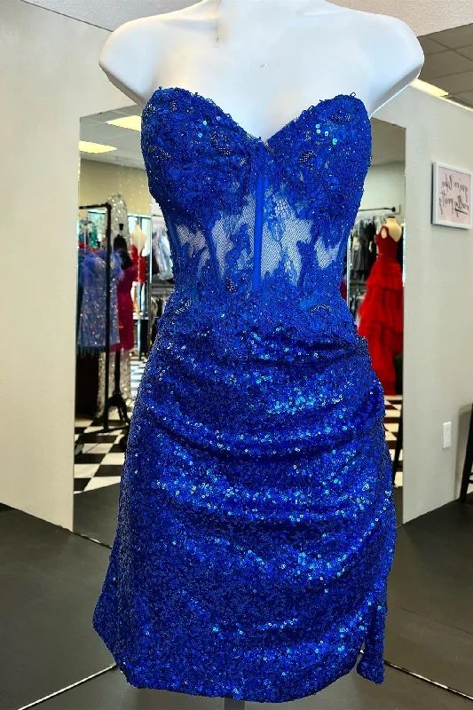 Royal Blue Strapless Sequined Sheath Homecoming Dress Tunics Practical easy-care