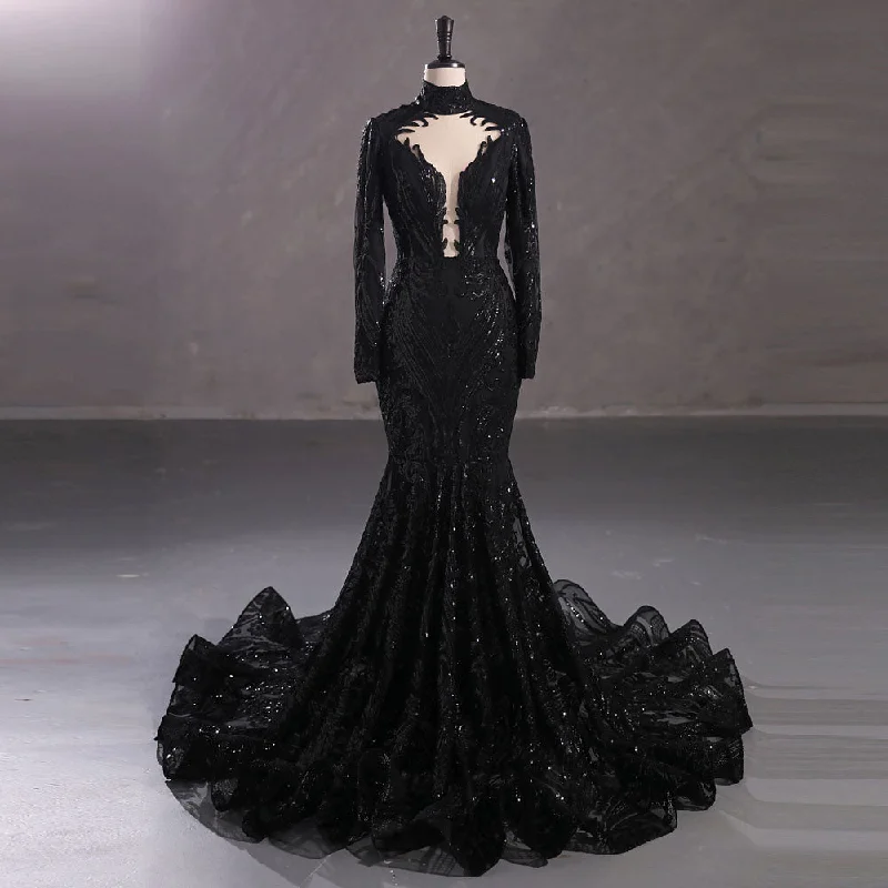 Sexy Long Black Sequins Lace Formal Evening Dress with Halter Neck EN5411 Tunics Cozy comfortable