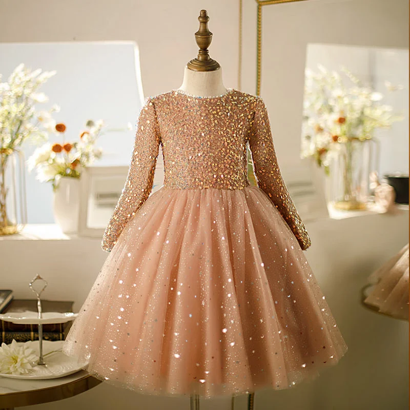 Girl Formal Princess Dress Baby Girl Long Sleeve Cute Bow Knot Sequin Dress Toddler Birthday Party Dress Tunics Stylish modern