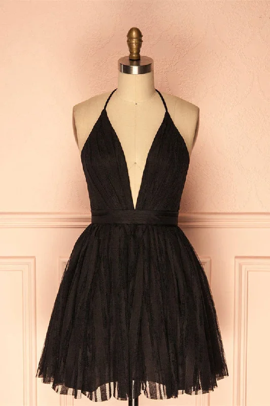 Deep V Neck Short Black Tulle Homecoming Dress Tunics Handmade artisanal