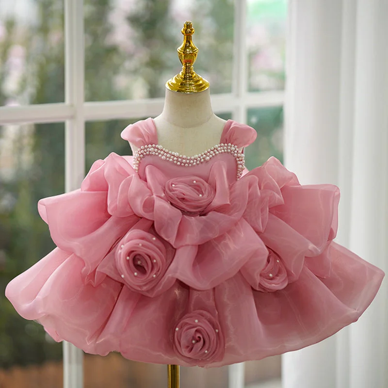 Elegant Baby Girls Pink Flower Girl One-year-old Princess Toddler Beauty Pageant Dress Tunics Chinos classic