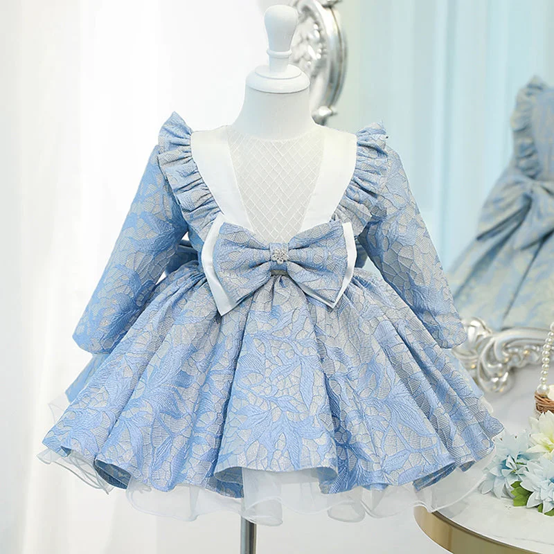 Baby Girl Princess Dress Girl Blue Long Sleeve Bow Knot Fluffy Formal Dresses Turtleneck Neckline Stylish