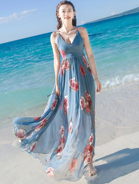 Floral Print Blue Maxi Beach Dress with Tie Back Tunics Office stylish