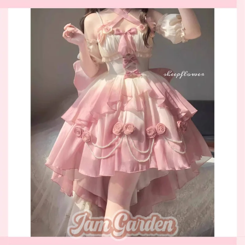 Gradient pink hollow front short back long lolita tail princess dress Off-the-shoulder Chic Trendy