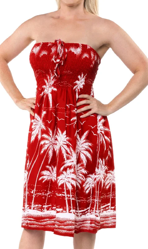 LA LEELA Women's One Size Beach Dress Tube Dress Red One Size Palm Tree printed Casual Short Summer