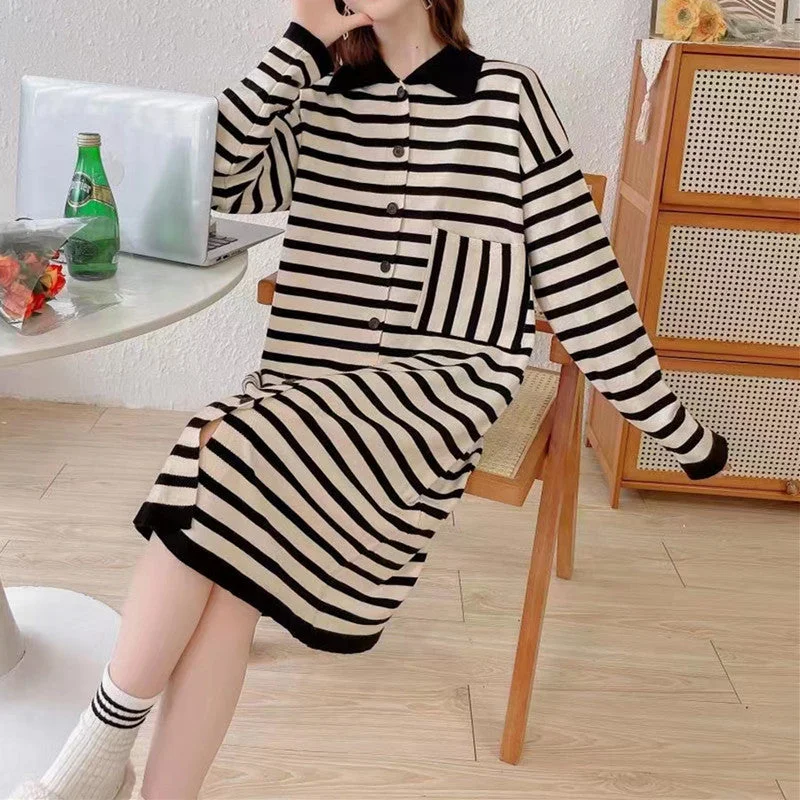 NiDELL Retro Polo Collar Striped Dress Sweater Women's . Autumn and Winter New Loose Mid-Length Knitted Inner Skirt Tunics Practical easy-care