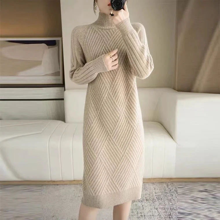 NiDELL Women's Turtleneck Sweater . Autumn and Winter New Elegant Warm Mid-Length Overknee Thickened Slim Bottoming Dress Tunics Brand named