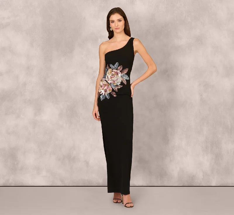 One Shoulder Beaded Floral Detail Long Dress In Black Halter Neckline Beach