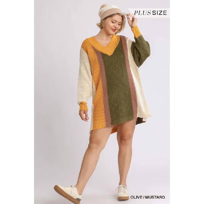 Oversized Multicolor Bouclé V-neck Pullover Sweater Dress With Side Slit Tunics Corduroy durable