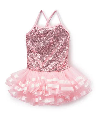 Pink Sequins Cross Back Ribbon Ballet Dress Tunics Sophisticated sleek