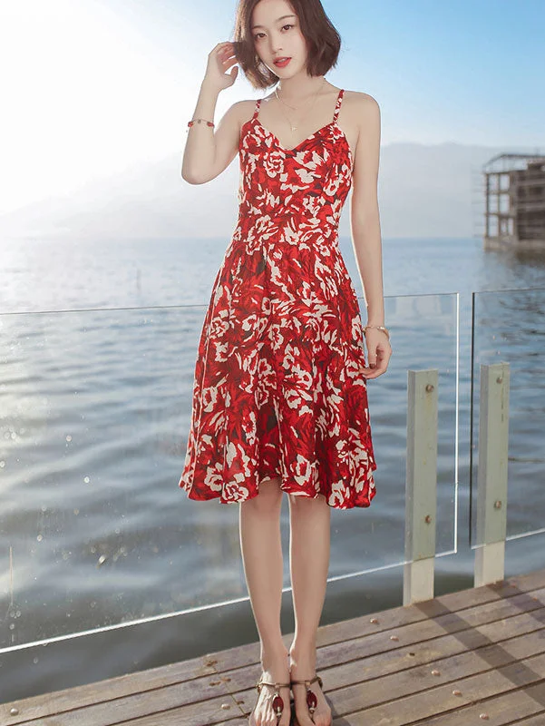 Red Floral Tie Back Short Slip Beach Dress Crew Neckline Sporty