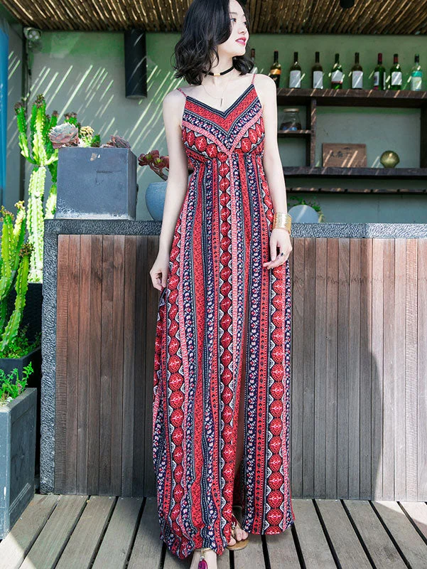 Red Split Thigh Split Maxi Beach Dress in Stripe Cowl Neckline Elegant