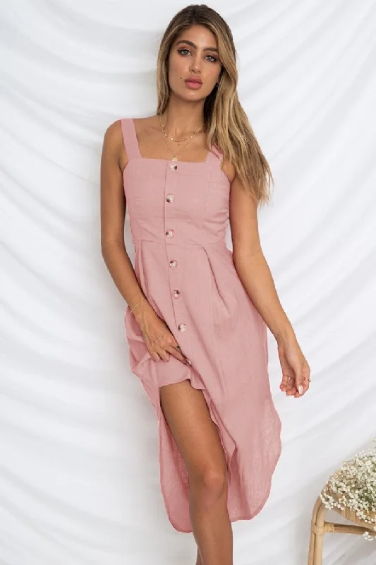 Square Neck Pink Sundress with Buttons Tunics Stylish modern