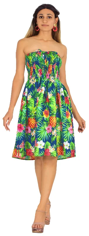 Tropical Hibiscus And Pineapple Printed Short Strapless Dress For Women Boat Neckline Classic